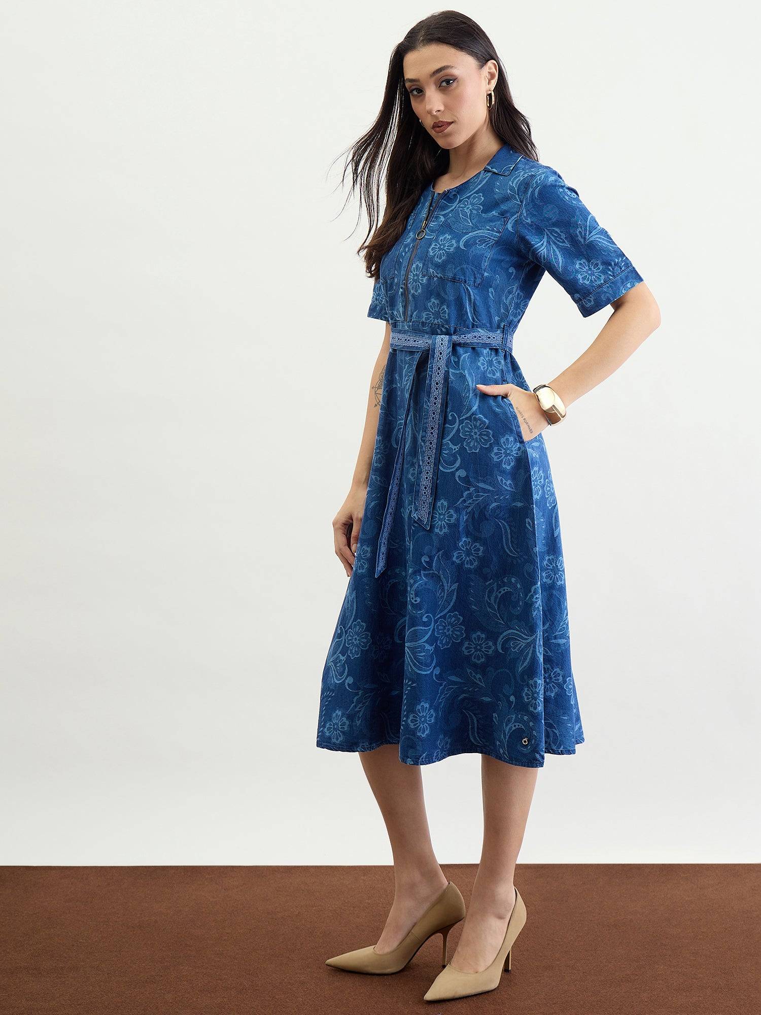 Iconic Women Blue Jacquard Collar Dress
