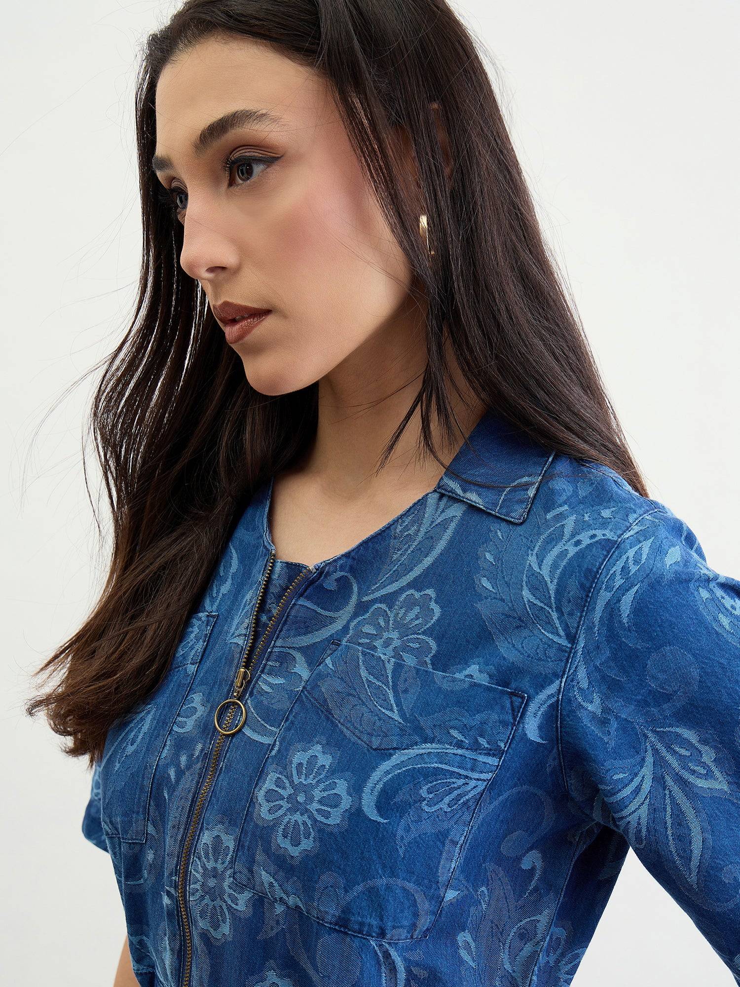 Iconic Women Blue Jacquard Collar Dress
