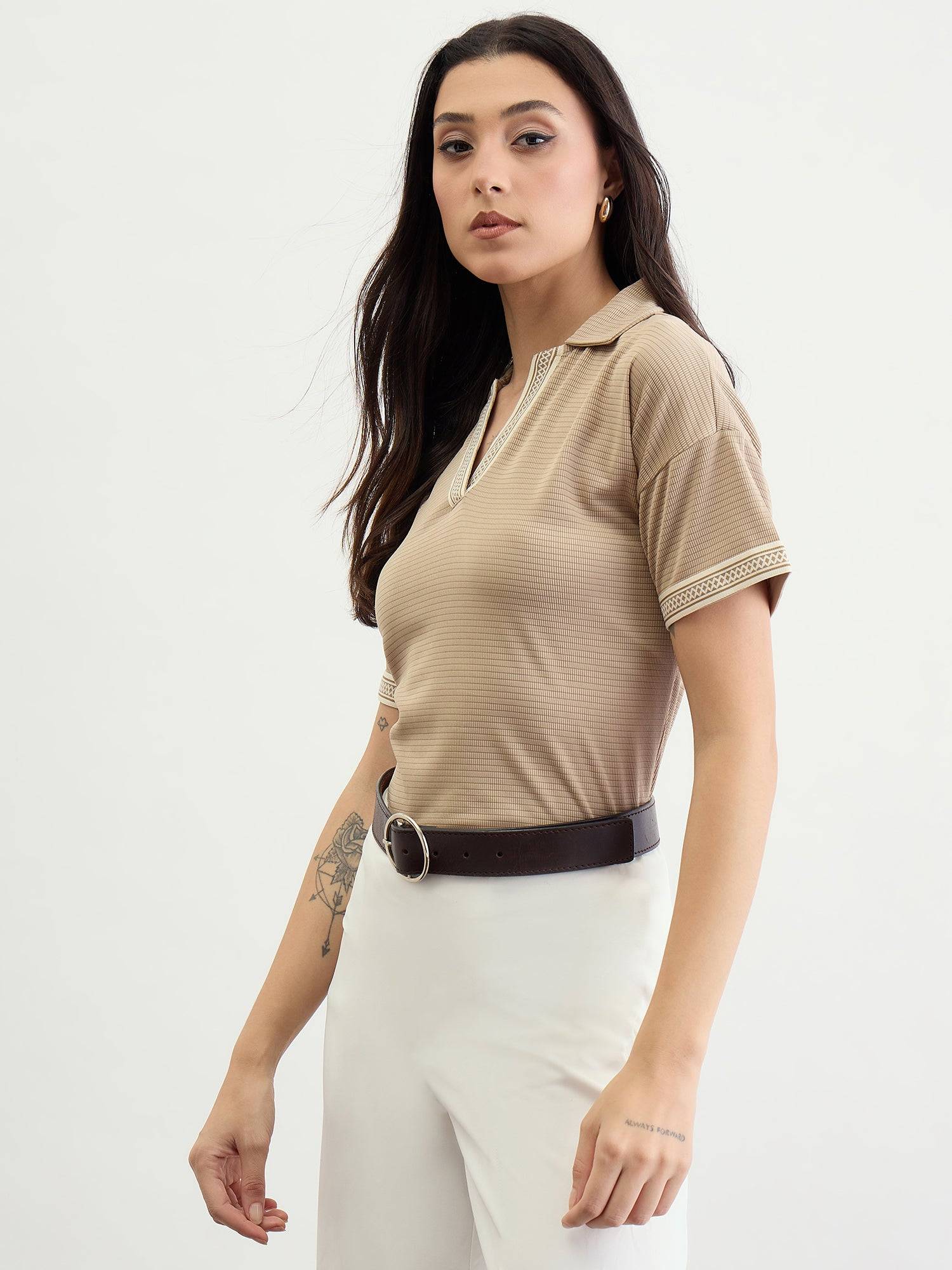 Iconic Women Beige Textured Johnny Collar Tshirt