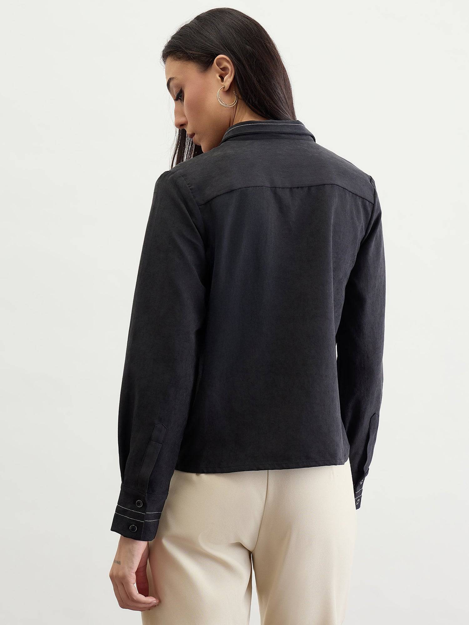 Iconic Women Black Solid Collar Shirt