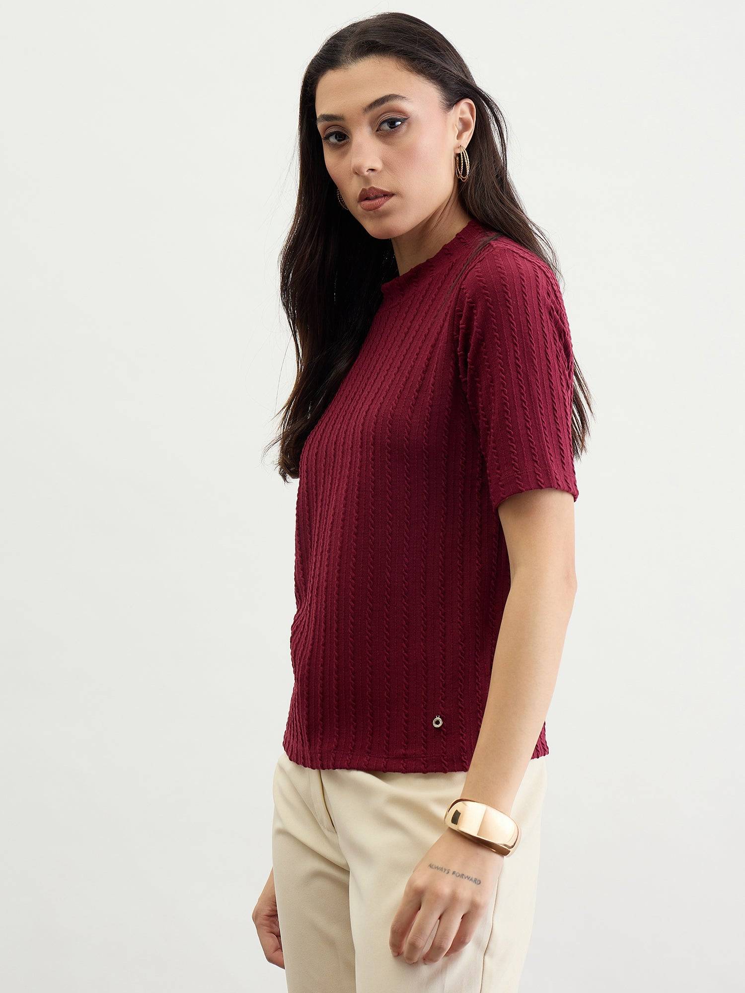 Iconic Women Red Textured Band Collar Tshirt