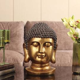 Antique Gold Polyresin Buddha Head With Round Base