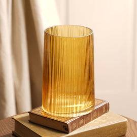 Light Brown Ribbed Cylindrical Glass Vase