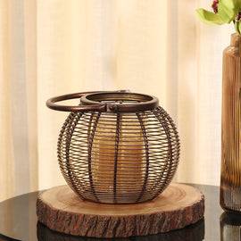 Brown Round Metal Wire Lantern With Glass