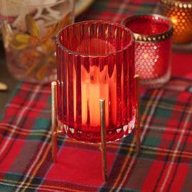 Red Ribbed Glass Hurricane With Metal Stand - Small