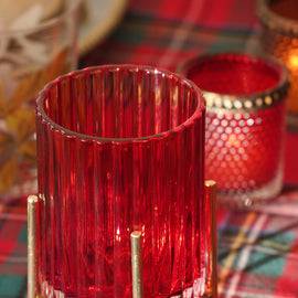 Red Ribbed Glass Hurricane With Metal Stand - Small