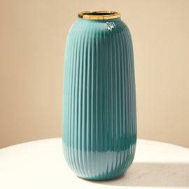 Teal Ribbed Ceramic Vase- Medium