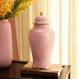 Light Pink Ribbed Ceramic Urn with Lid - Small