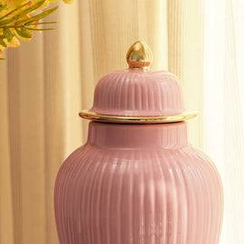 Light Pink Ribbed Ceramic Urn with Lid - Small