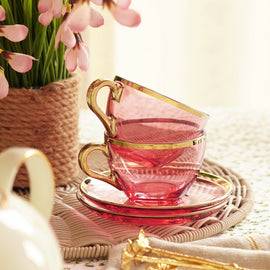 Set of 2 Light Pink Glass Gold Rim Tea Cups & Saucers