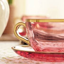 Set of 2 Light Pink Glass Gold Rim Tea Cups & Saucers