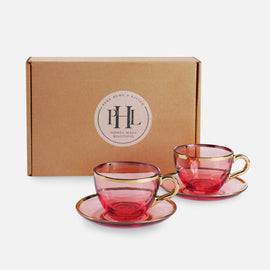Set of 2 Light Pink Glass Gold Rim Tea Cups & Saucers