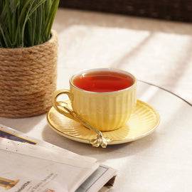 Set of 2 Yellow Ceramic Ribbed Cups and Saucers