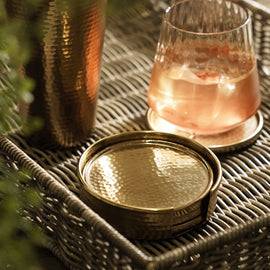 Set Of 4 Gold Matt Hammered Metal Coasters with Stand