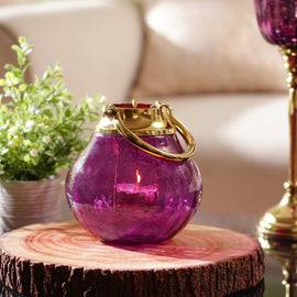 Pink Hammered Glass Lantern Tea Light Holder