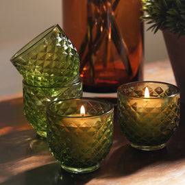 Set of 4 Green Diamond Cut Tealight Holders