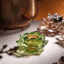 Set of 2 Green Glass Floral Shaped Tealight Holders