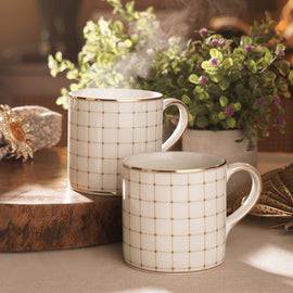 Set of 2 Ivory Ceramic Criss Cross Detail Coffee Mugs