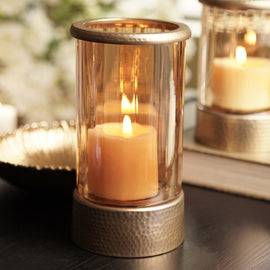 Amber & Gold Glass Candle Holder with Metal Base - Large