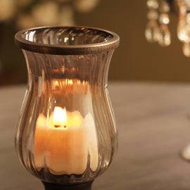 Brown Antique Glass Hurricane with Hammered Base