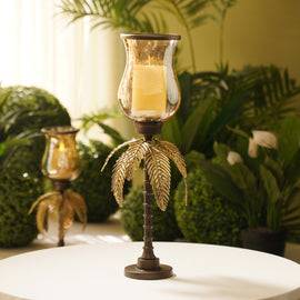 Gold Antique Finish Palm Leaf Glass Hurricane - Large