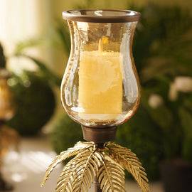 Gold Antique Finish Palm Leaf Glass Hurricane - Large