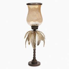 Gold Antique Finish Palm Leaf Glass Hurricane - Large