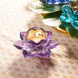 Set of 2 Purple Glass Lotus Shaped Tealight Holders