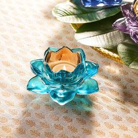Set of 2 Blue Glass Lotus Shaped Tealight Holders