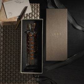 Dark Amber Tapered Candle Holder With Hanging Crystals