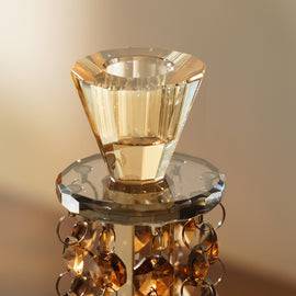 Dark Amber Tapered Candle Holder With Hanging Crystals