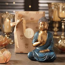 Dark Blue Antique Gold Polyresin Sitting Buddha - Medium