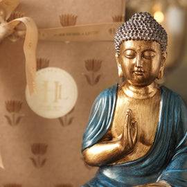 Dark Blue Antique Gold Polyresin Sitting Buddha - Medium