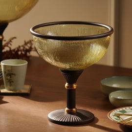 Amber Antique Finish Ribbed Glass Bowl with Stand - Small