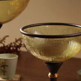 Amber Antique Finish Ribbed Glass Bowl with Stand - Small
