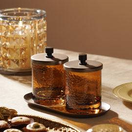 Set of 2 Amber Hammered Condiment Jars with Tray - Large