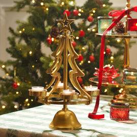 Gold Metal 4 Slot Christmas Tree Tealight Holder