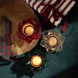 Set Of 3 Green Red Amber Lotus Shaped Glass Tealight Holders