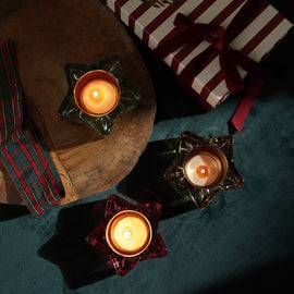 Set Of 3 Green Red Amber Star Shaped Glass Tealight Holders