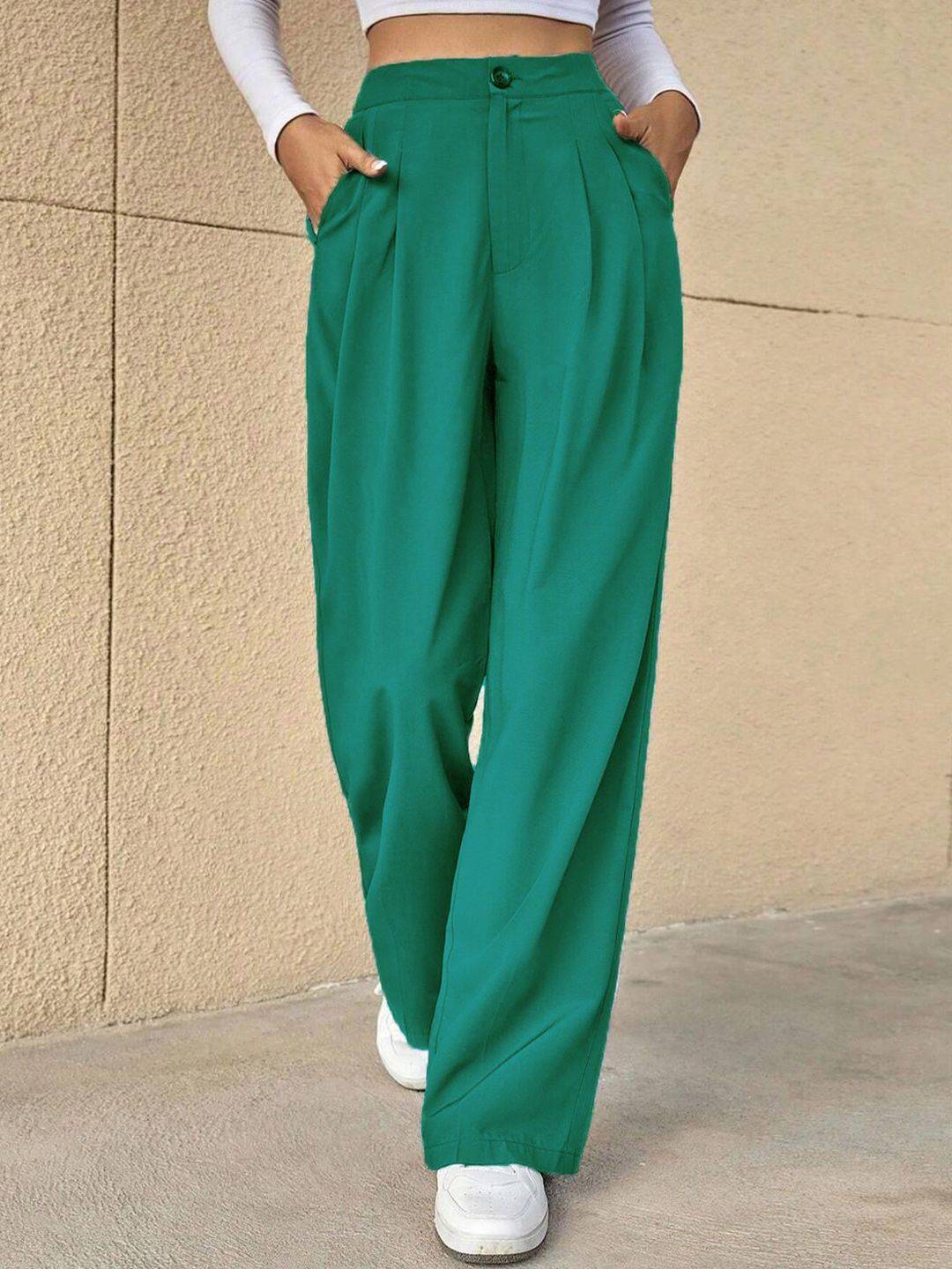 KOTTY BIZwear Green Women Relaxed Straight Leg High-Rise Easy Wash Pleated Parallel Trousers