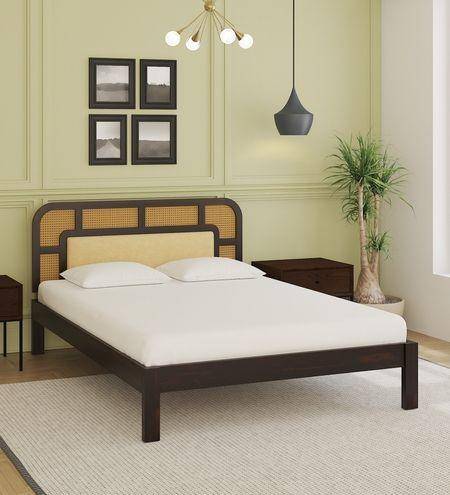 Rattan Solid Wood King Size  Bed Without Storage In Walnut Finish