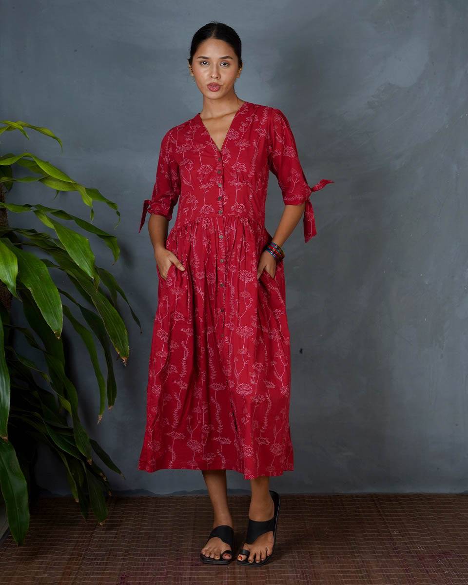 Saanjhika Red Hand Block Printed Dress-MYA