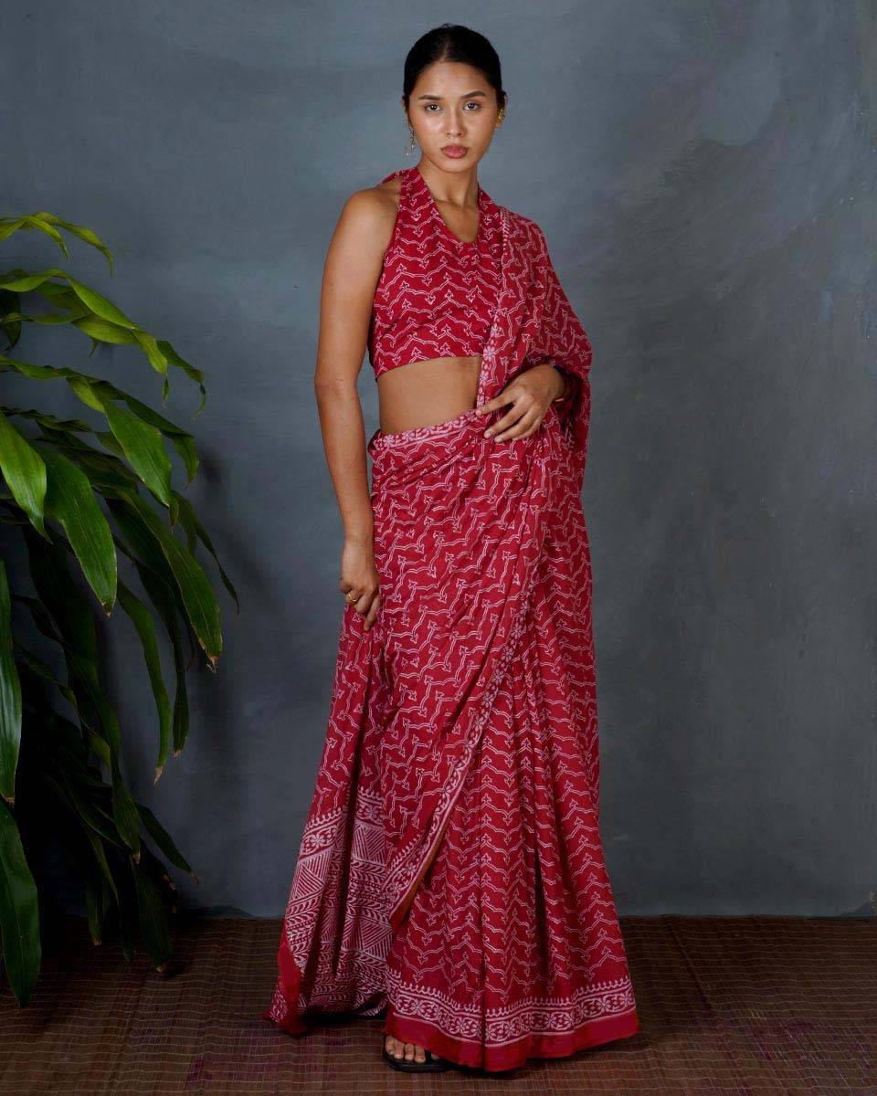 Roopika Red Hand Block Printed Saree-MYA