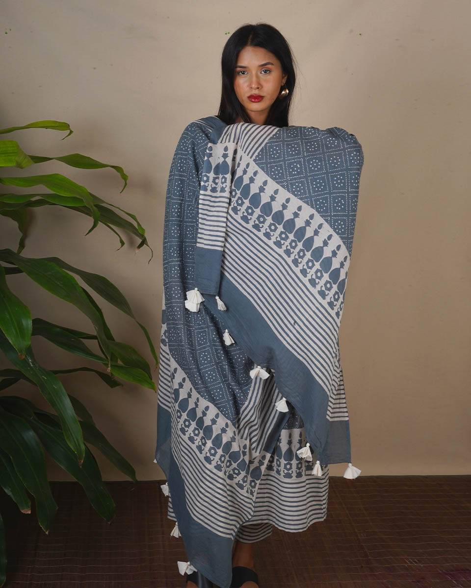 Marble Sigh Grey Block Printed Dupatta - BMS