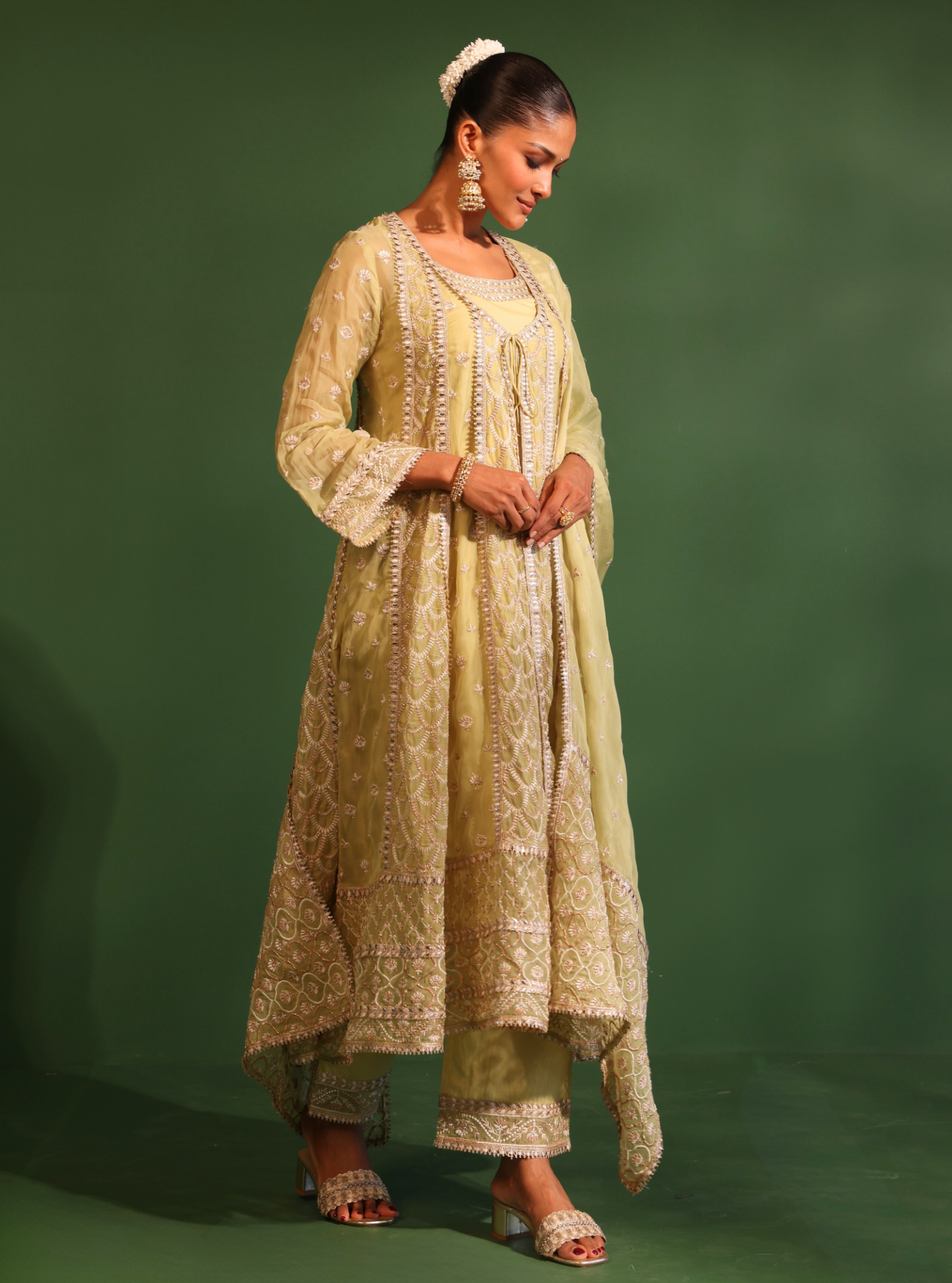 Dilruba Organza Lime Green Anarkali Kurta Set