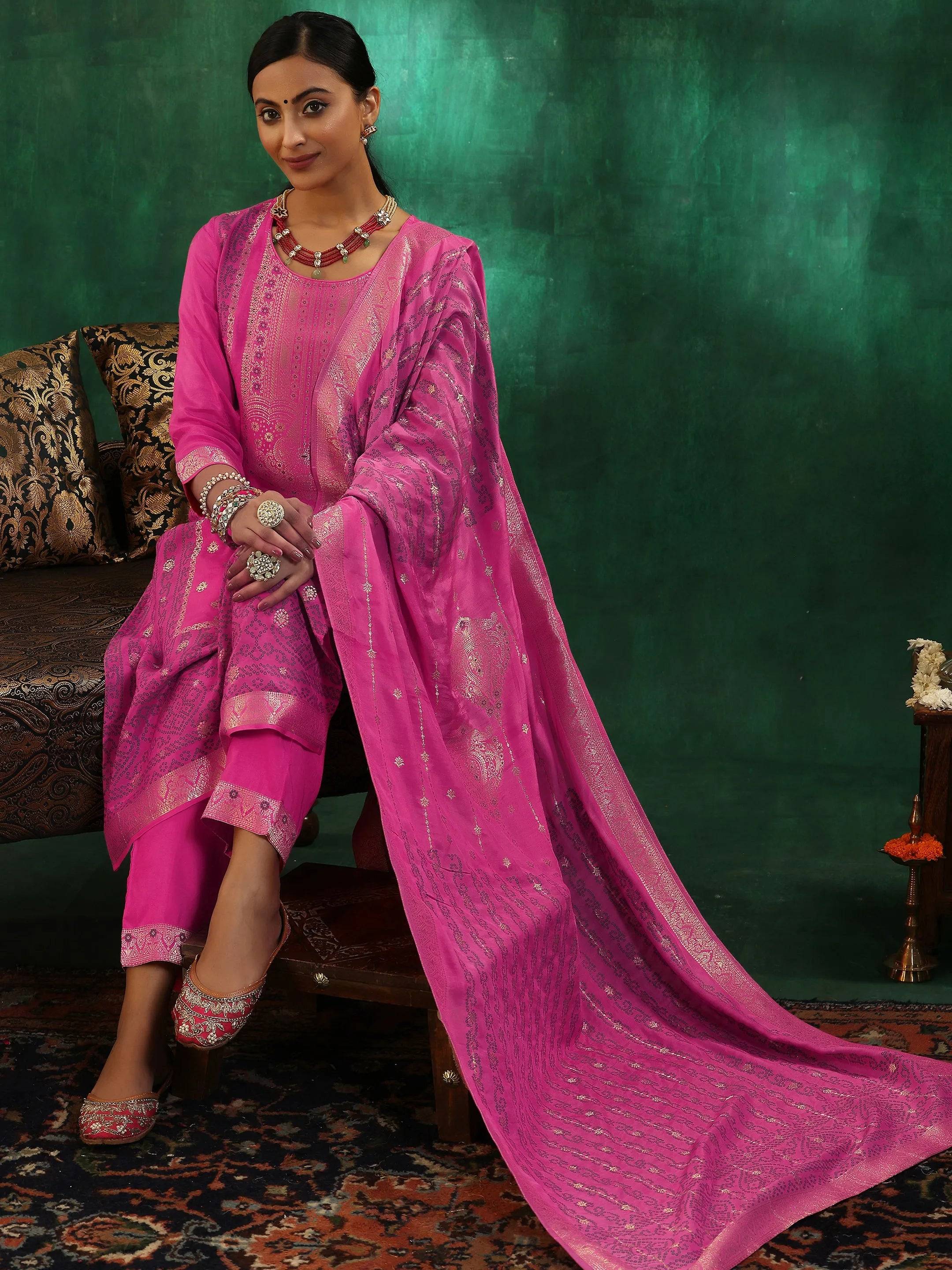 Pink Woven Design Silk Blend Straight S... Buy only at ₹6999