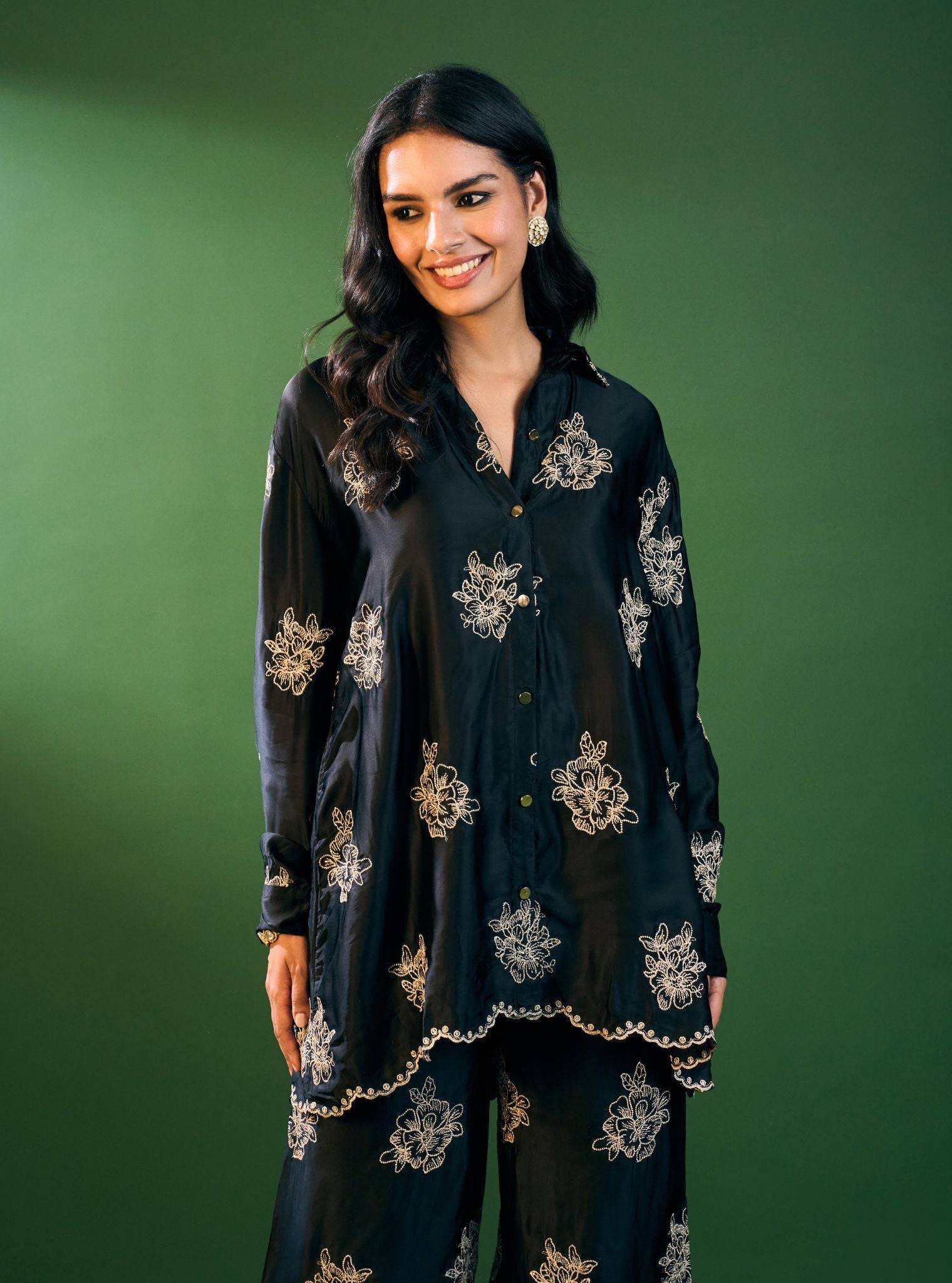 Mireille Cupro Satin Black Shirt & Pant Set