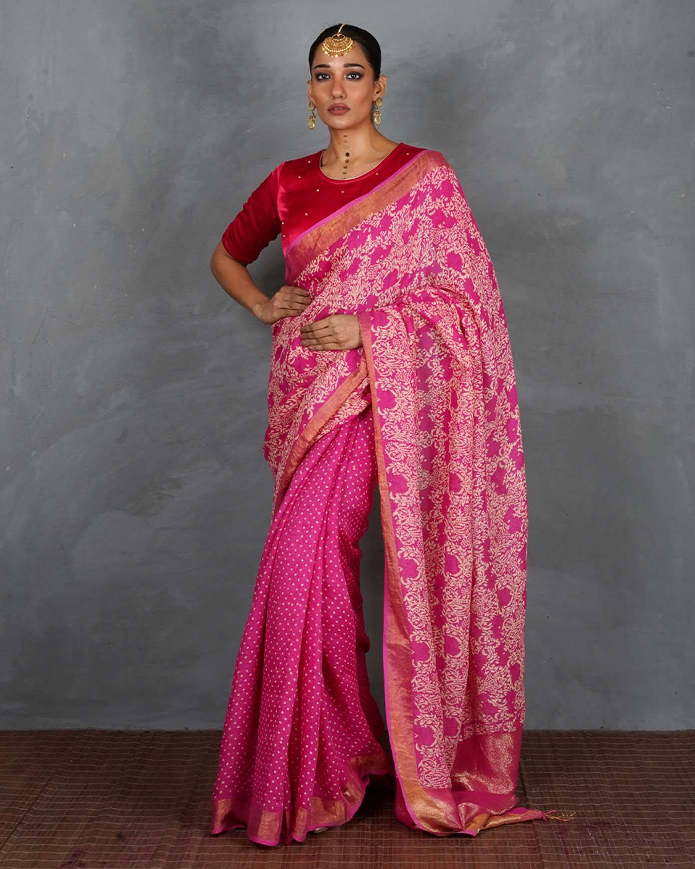 Fiza Pink Handblock Linen Saree - TARA