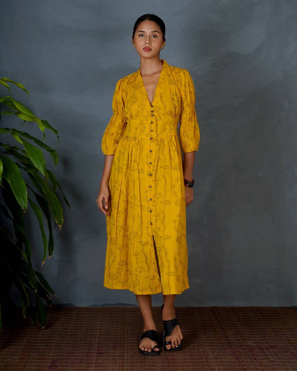 Ziya Yellow Hand Block Printed Dress-MYA