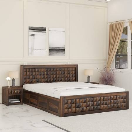 Keaton Sheesham Wood Queen Size Bed In Provincial Teak Finish  With Hydraulic Storage (60 x 78 inches)
